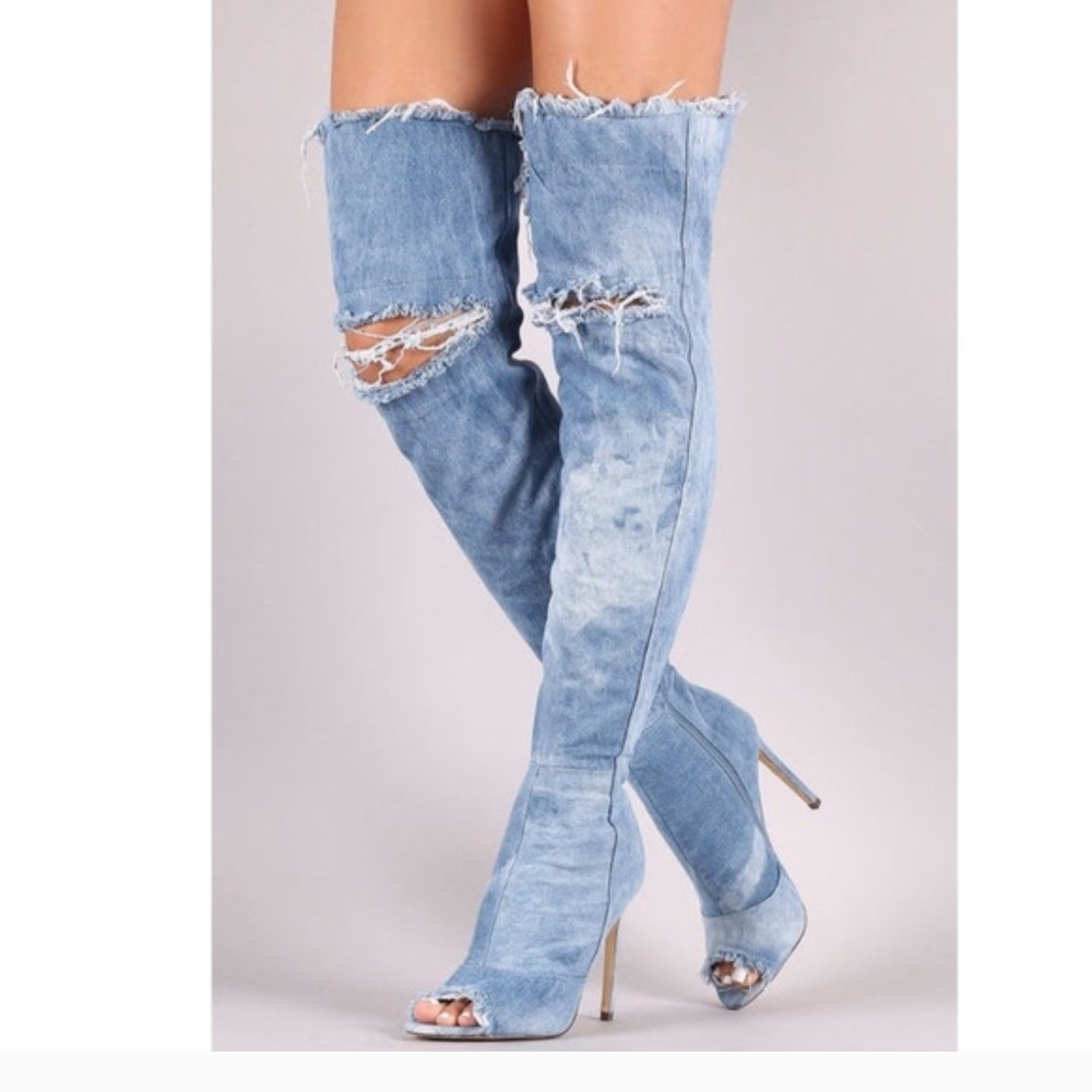 Denim Over-the-Knee Peep-Toe Stiletto Boots - Light Blue Sz 8.5